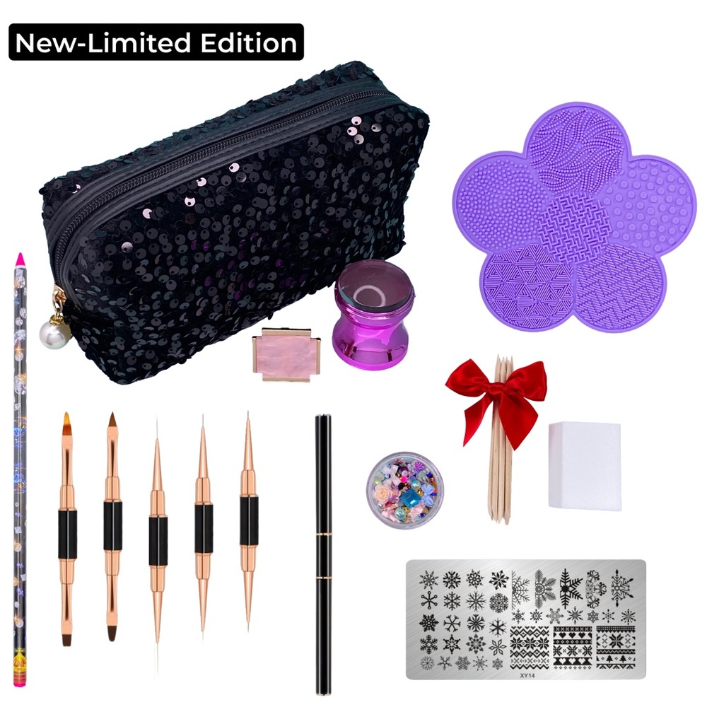 Nail Art Kit 47 Pieces in Black Velvet Sequin Bag